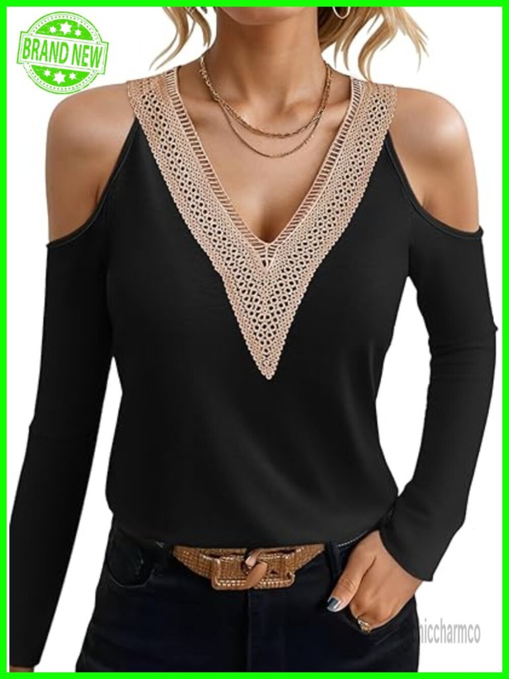 Cold Shoulder Tunic Top, V Neck Blouse Lace Trim Long Sleeve Hollow Shirt Tunics